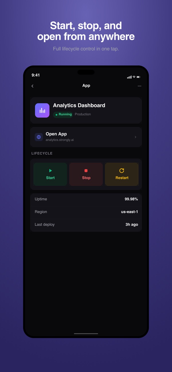 Strongly Mobile App screen showing an Analytics Dashboard app running in production, with start, stop and restart controls and live uptime