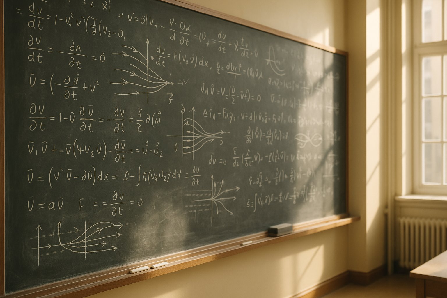 A sunlit university blackboard densely covered with handwritten mathematical equations