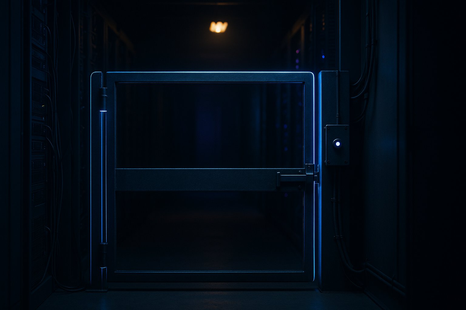 A heavy steel gate spanning a dark server-room corridor, rimmed in electric-blue light with a small glowing control panel beside it - a metaphor for an enforcement point every agent action must pass through before it can proceed