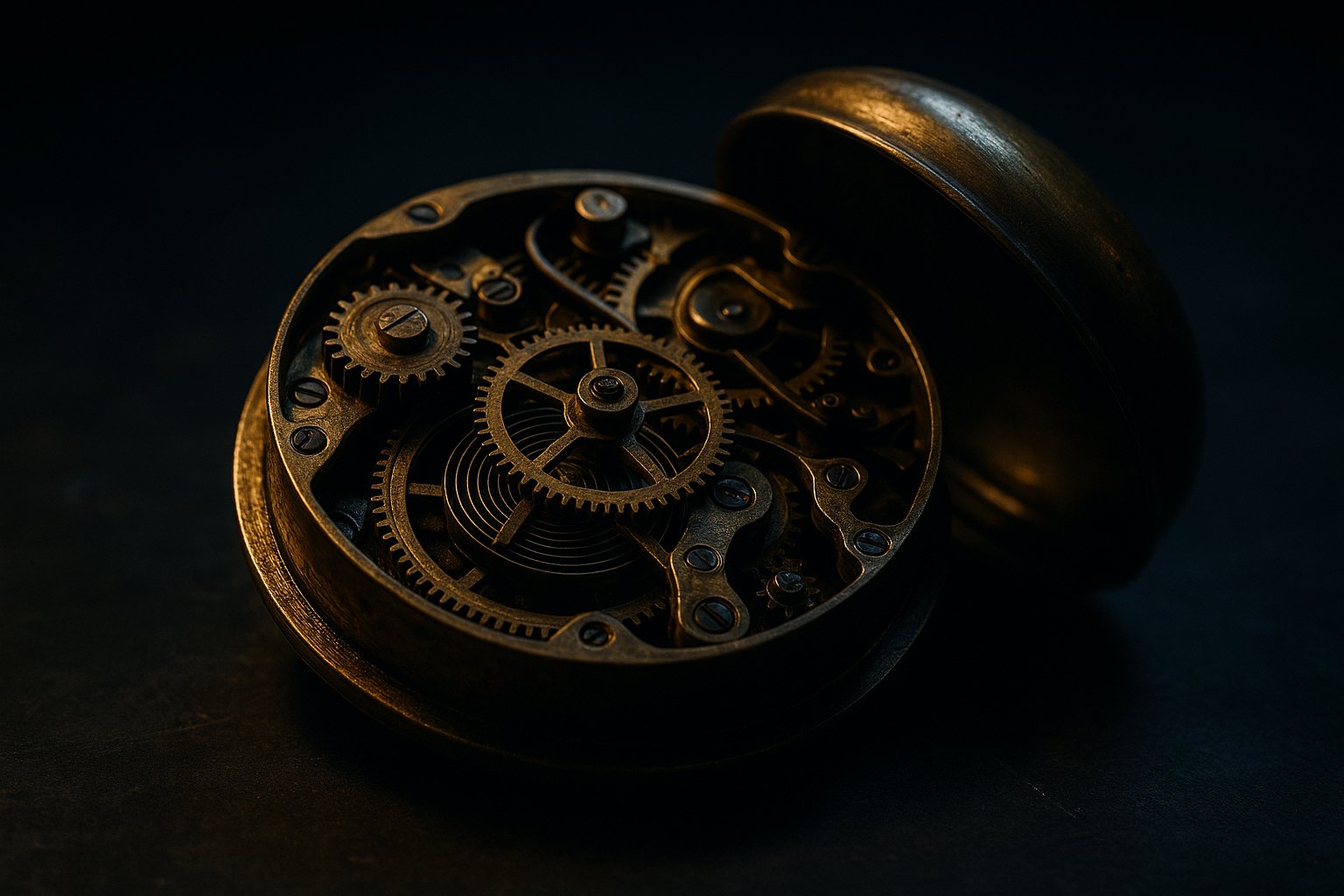 An opened brass watch movement exposing the intricate gears and springs inside - a metaphor for the parts inside a working AI agent