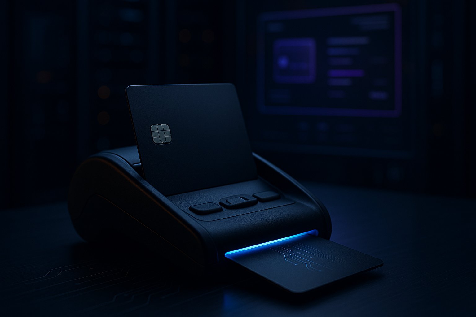A matte-black credit card resting in a payment terminal lit by electric-blue light in a dark data infrastructure room - a metaphor for an autonomous AI agent that can now move real money without a human at the checkout