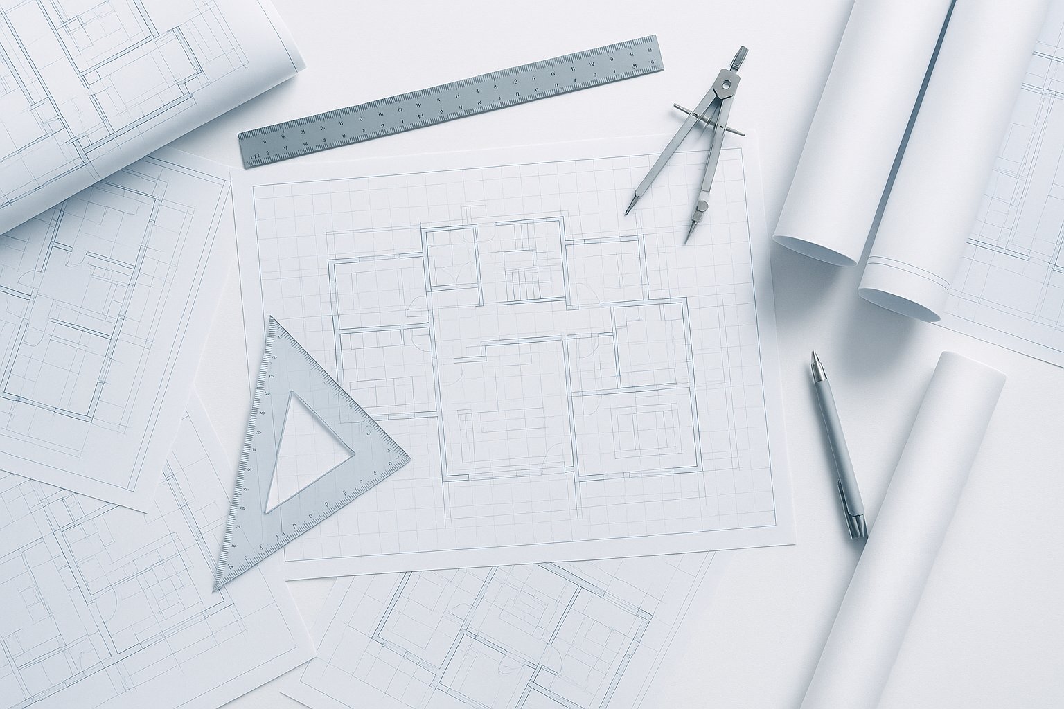An overhead view of an architect's drafting table covered in blueprints - plenty of plans, nothing built