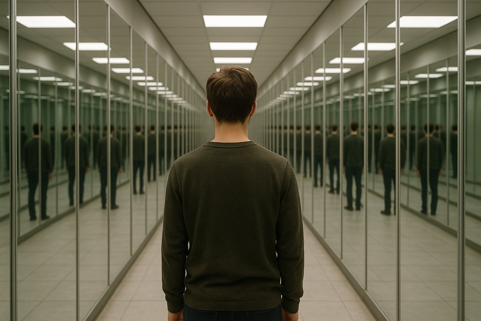 A lone person seen from behind in a hall of mirrors, their reflection repeating away into the distance on both sides