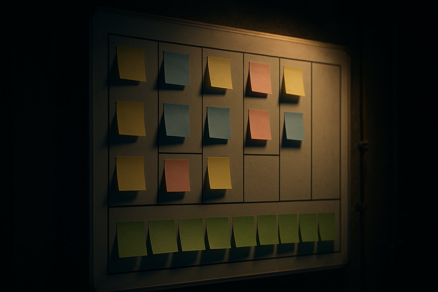 A business-model canvas of sticky notes with an added green feasibility row