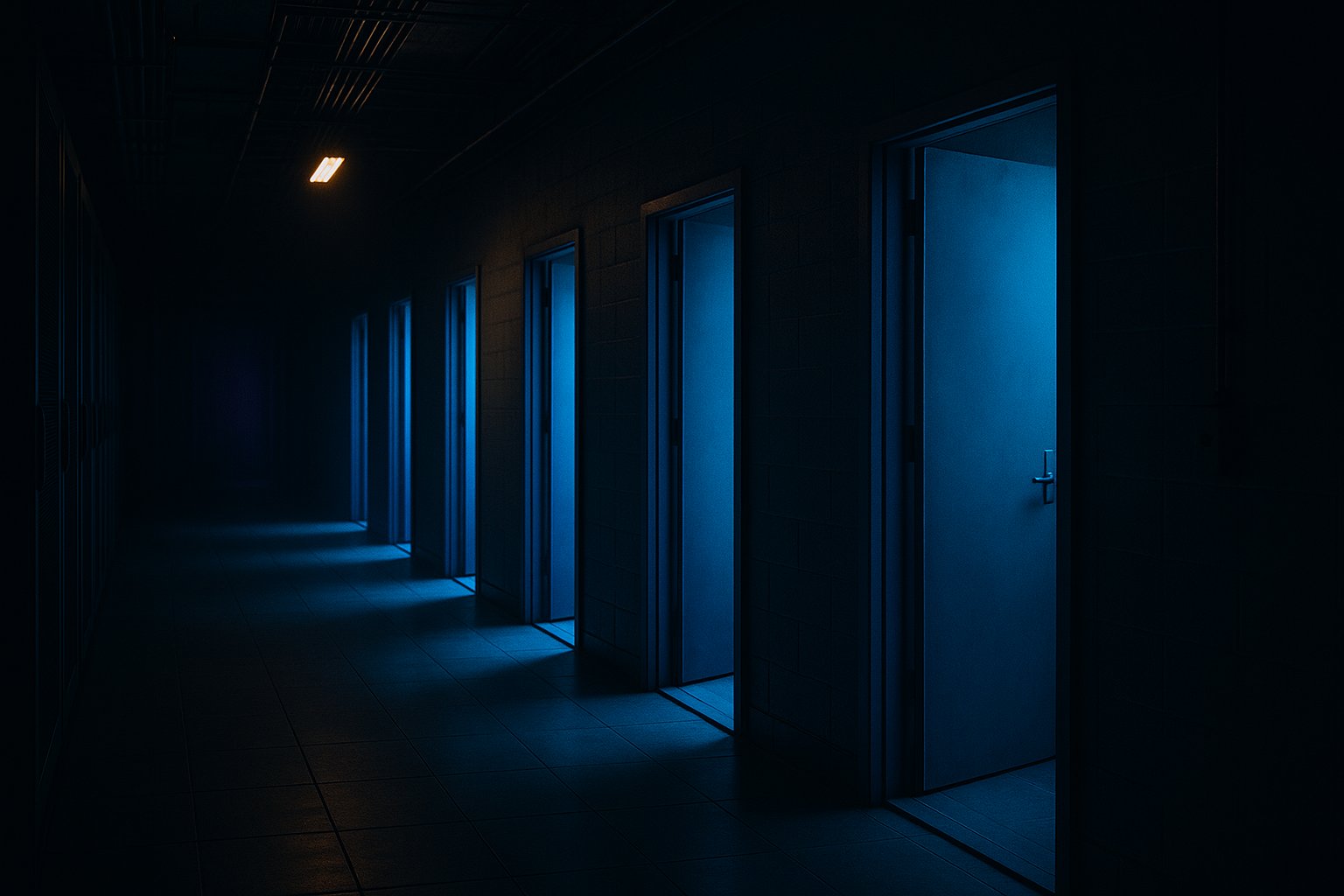 A dark server room corridor where five doors open onto five different rooms, each lit a slightly different shade of electric blue - a metaphor for one phrase that hides five incompatible architectures