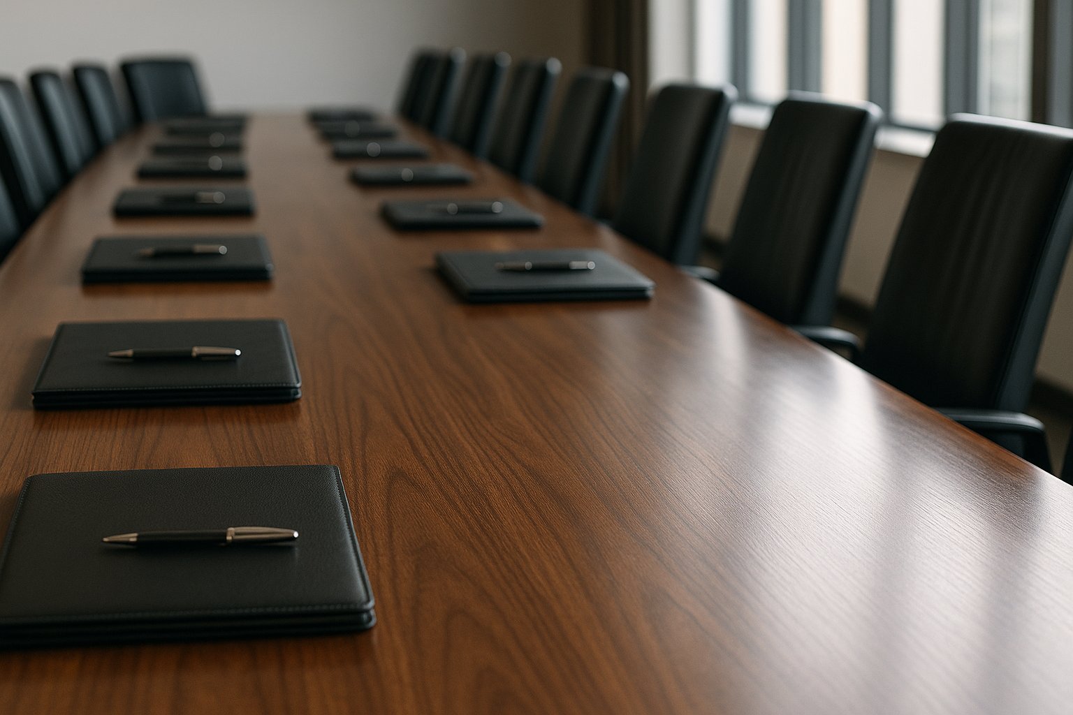 A long formal boardroom signing table with a folder and pen at every place, and one place conspicuously empty