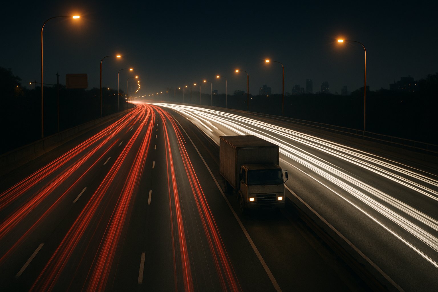 A long-exposure night highway with traffic streaming past as light trails while one slow truck sits sharp in the middle - a metaphor for pre-ChatGPT companies being overtaken