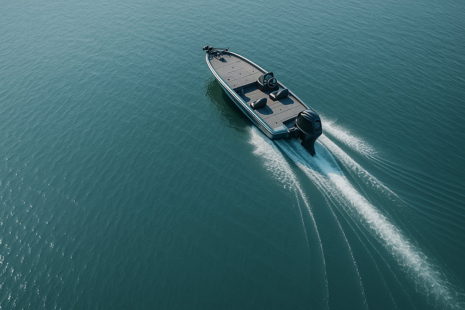 A bright aerial view of a bass boat crossing open blue-green water with a clean geometric wake