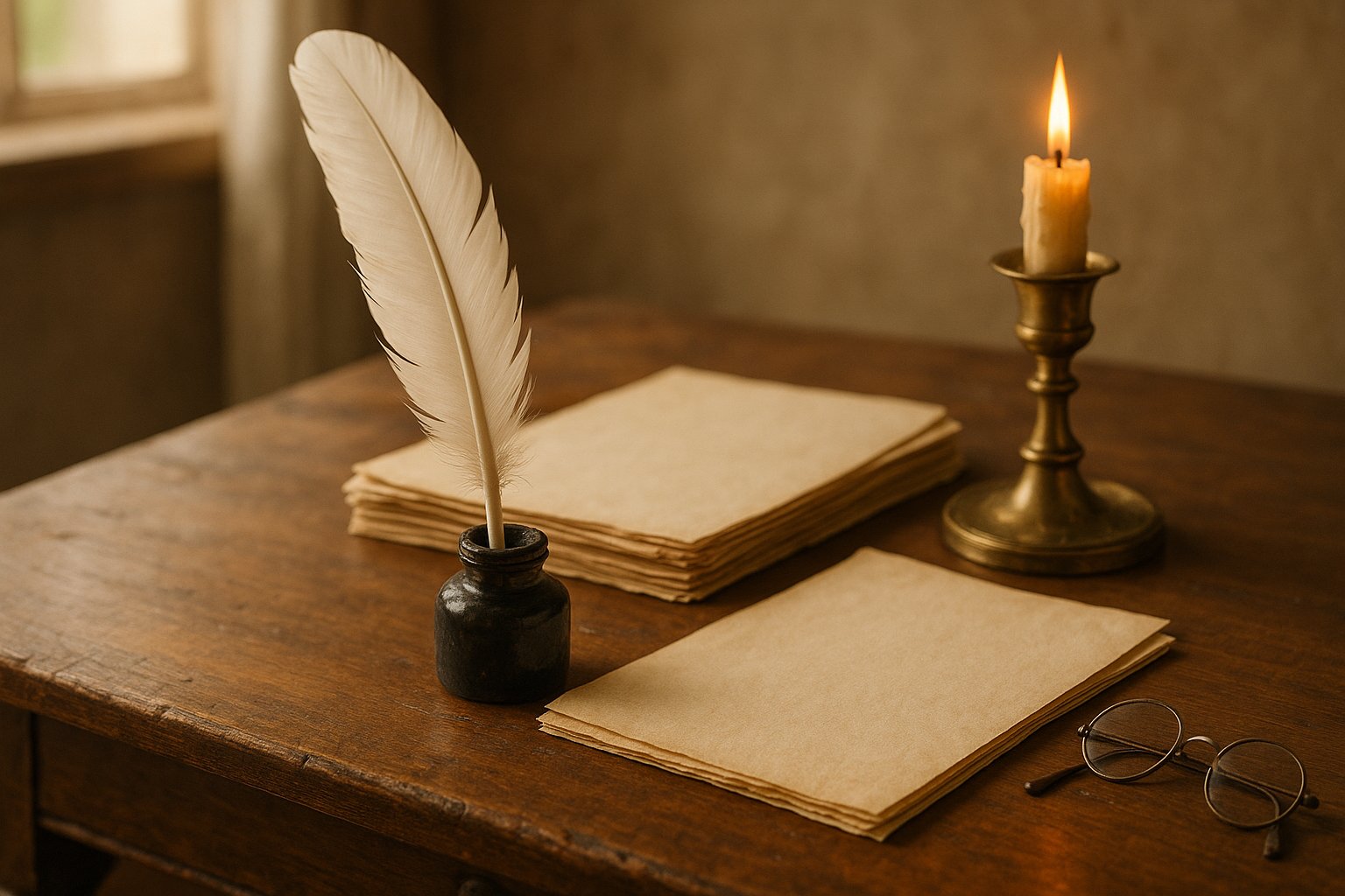 An antique 18th-century writing desk in warm daylight - a quill in an inkwell, a stack of aged blank parchment, and a brass candlestick
