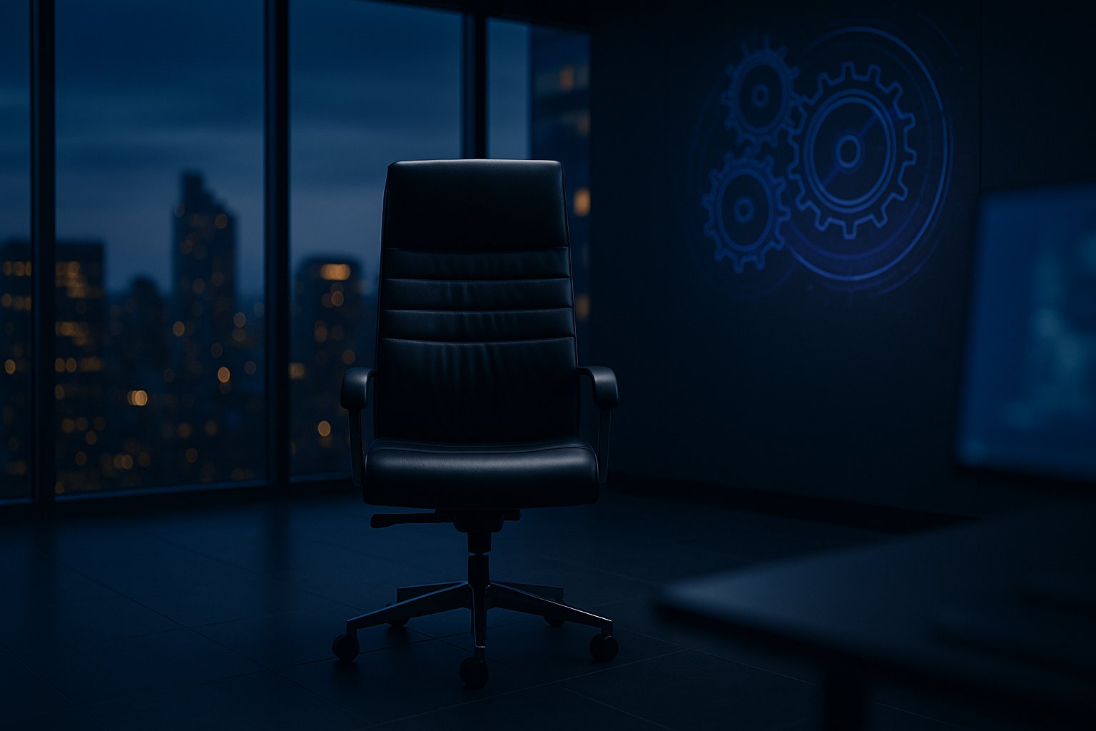 The Chief AI Officer Is Not Your Silver Bullet - empty executive chair facing a city skyline with projected flywheel diagram