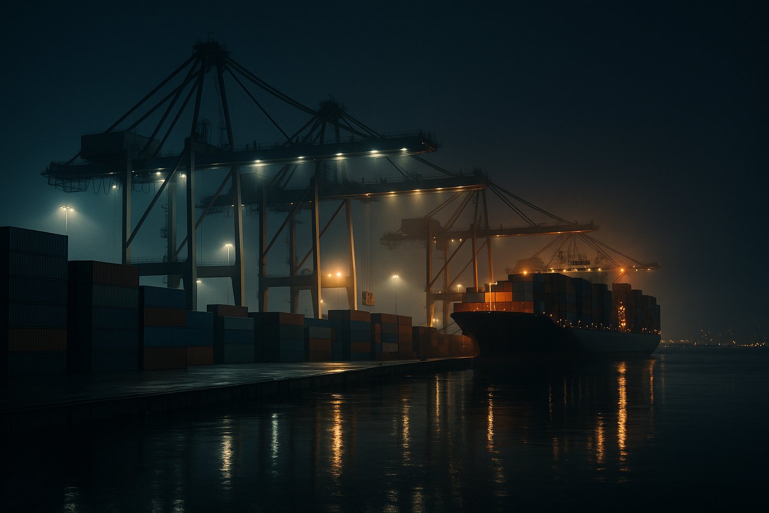 A container shipping terminal at night with gantry cranes, stacked containers, and a docked cargo ship - a metaphor for China exporting capable AI models to the world for free