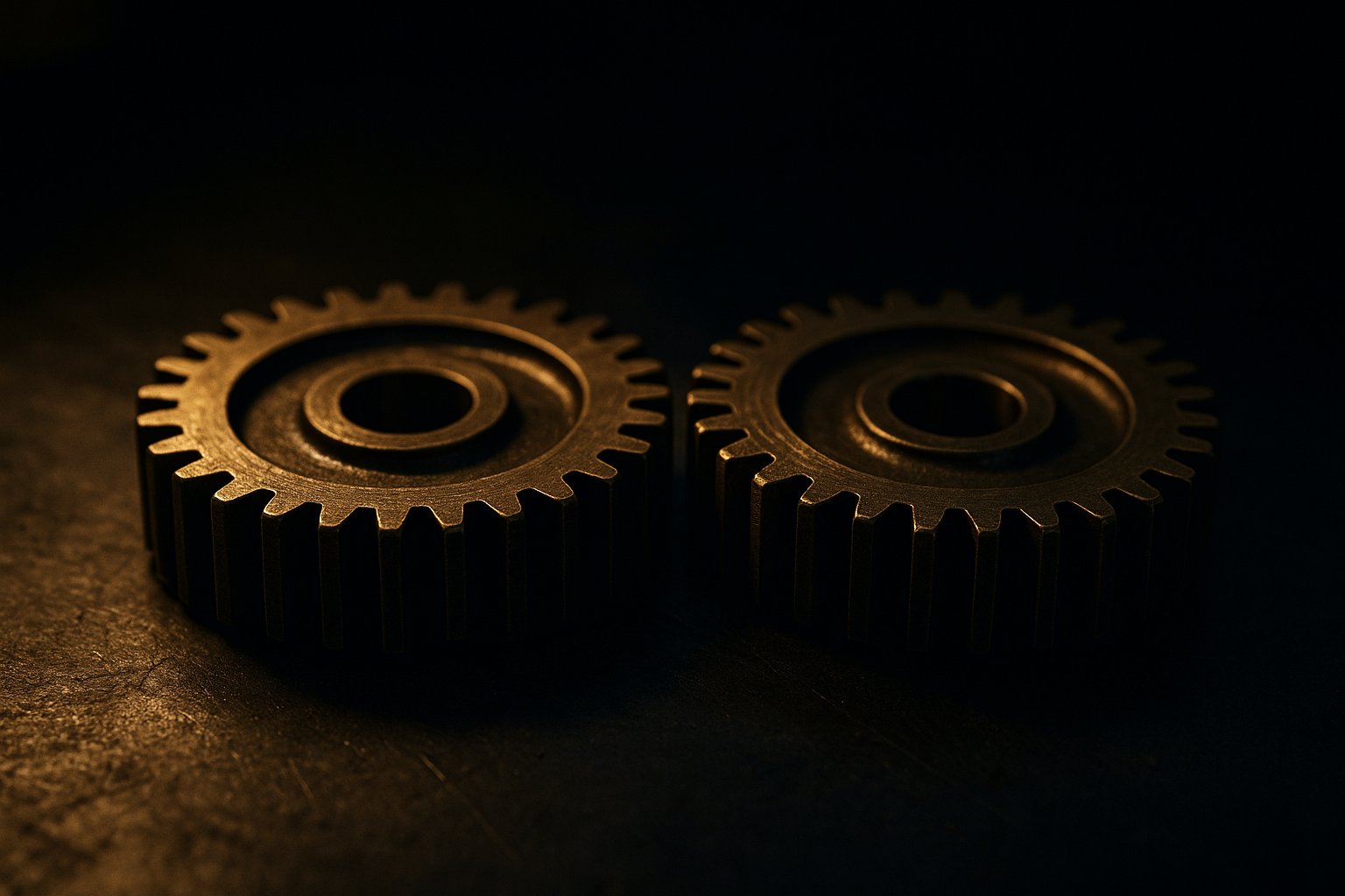 Two near-identical brass gears side by side under warm light, one with a subtly mismatched tooth - the tiny difference between two environments that were supposed to be the same