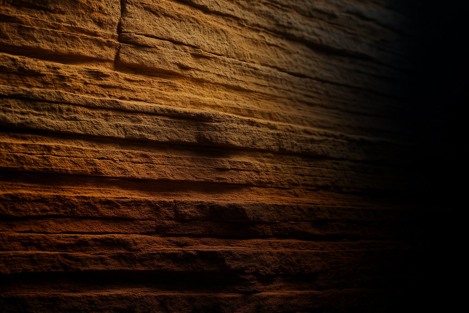 A deep cross-section of layered sedimentary rock strata lit warmly from one side - accumulated layers compounding into bedrock, a metaphor for the context layer
