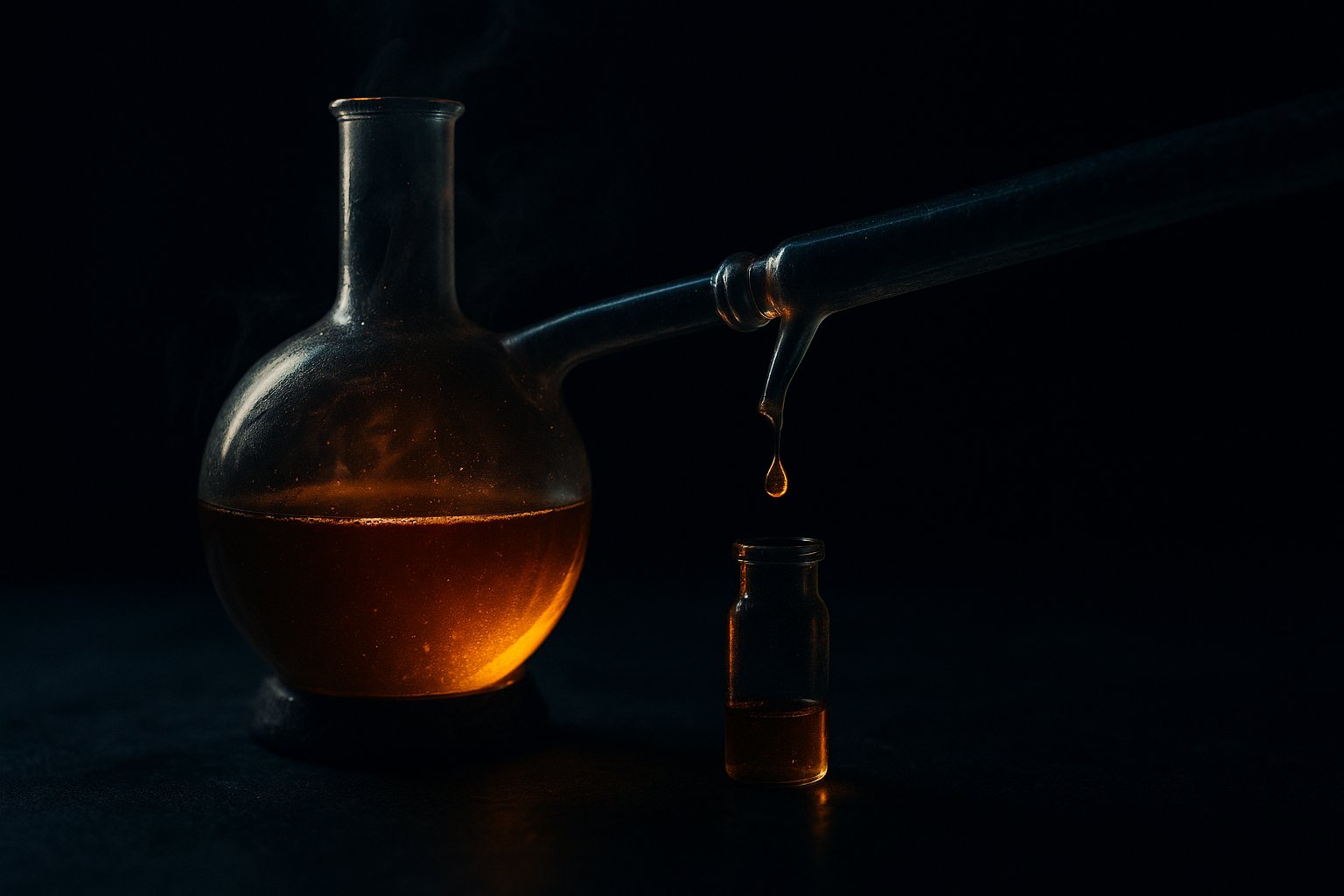 A cinematic close-up of a laboratory glass distillation apparatus, a single amber droplet forming at the tip of a condenser and falling into a small collecting vial below, lit warmly against deep navy shadow - a visual metaphor for distilling a large model into a small one
