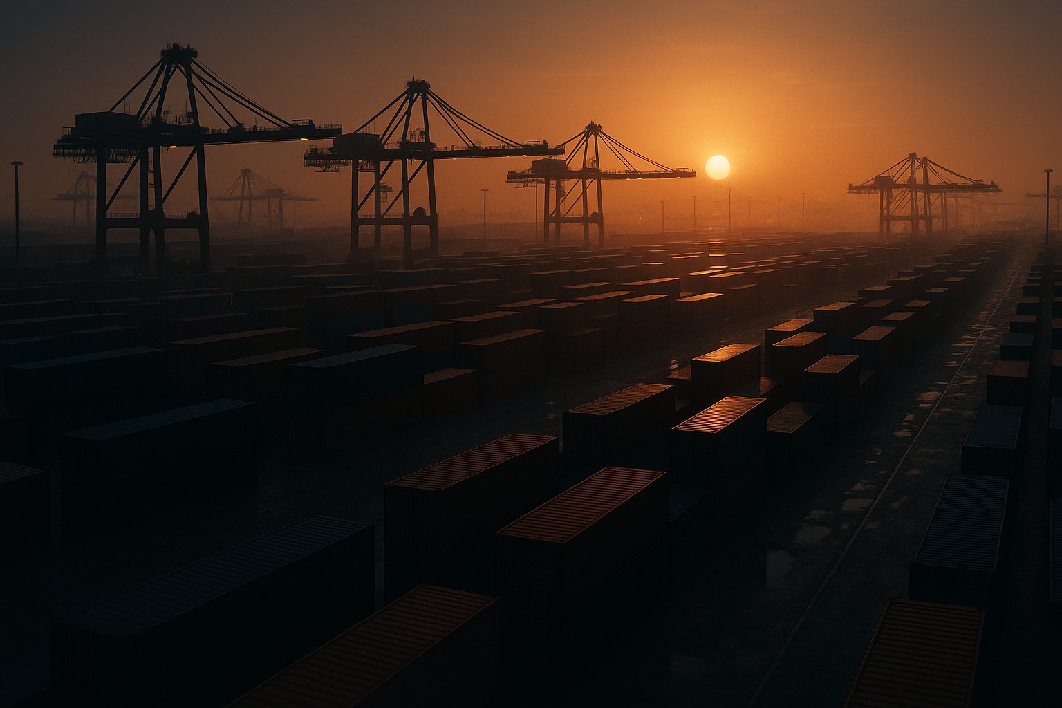 A container port at dusk - the machinery of global trade
