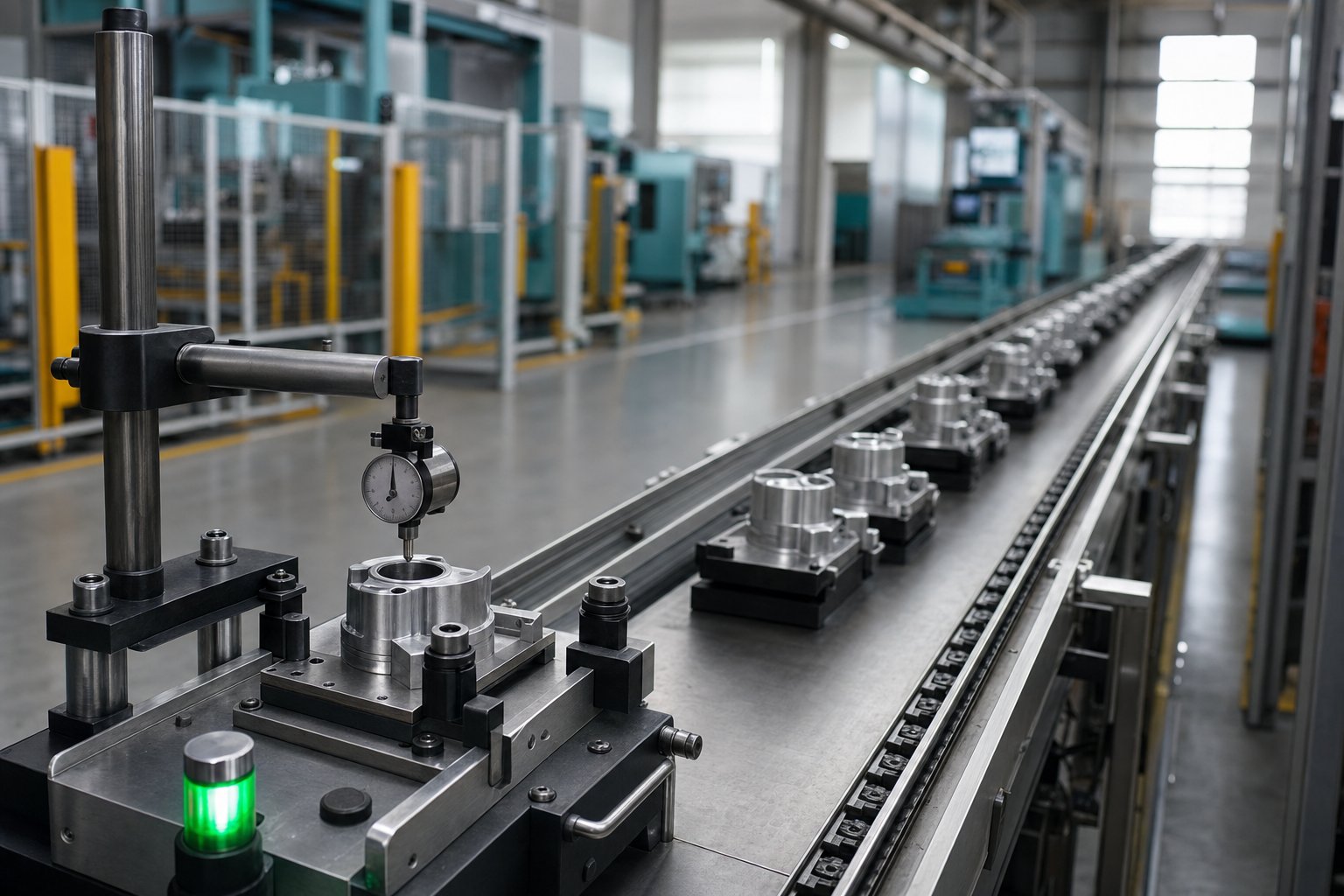 A quality-control inspection station with a green pass light and a dial gauge on a sample part, beside a production line