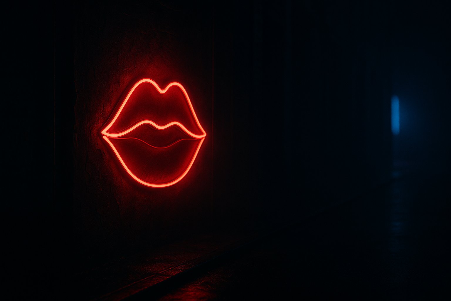 A glowing red neon sign in the shape of a pair of lips on a dark alley wall, with cool electric-blue light spilling from a doorway - an editorial nod to how demand at the edges of acceptability has long driven new technology