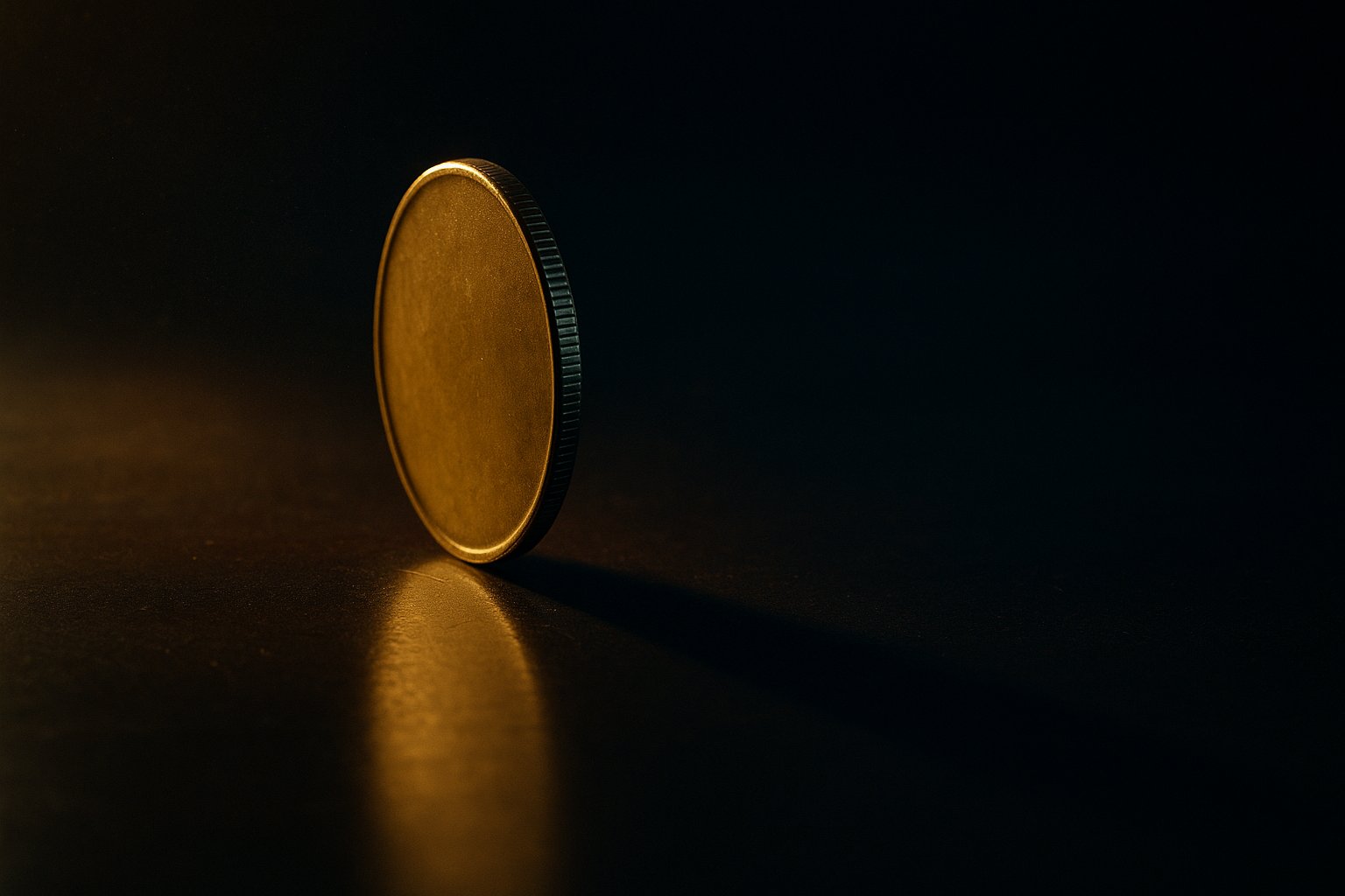 A single brass coin balanced on its edge on a dark surface under a warm light, throwing a long shadow - the toss-up decision frozen in the moment of choice