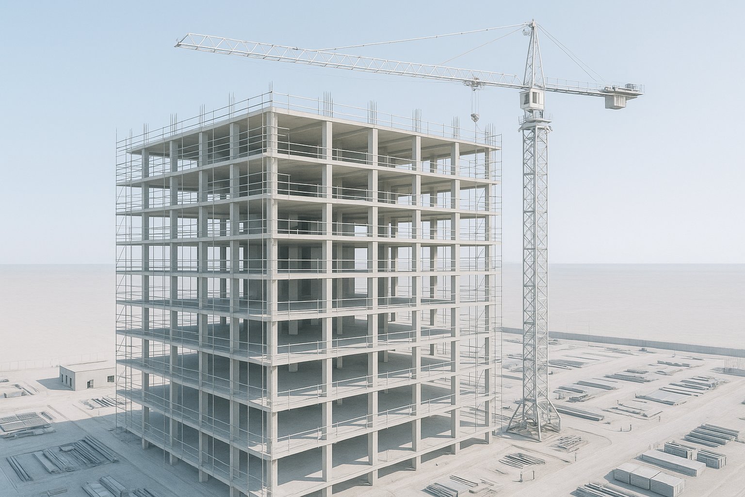 A bright aerial view of a building under construction - concrete frame, scaffolding and a tower crane scaling up floor by floor