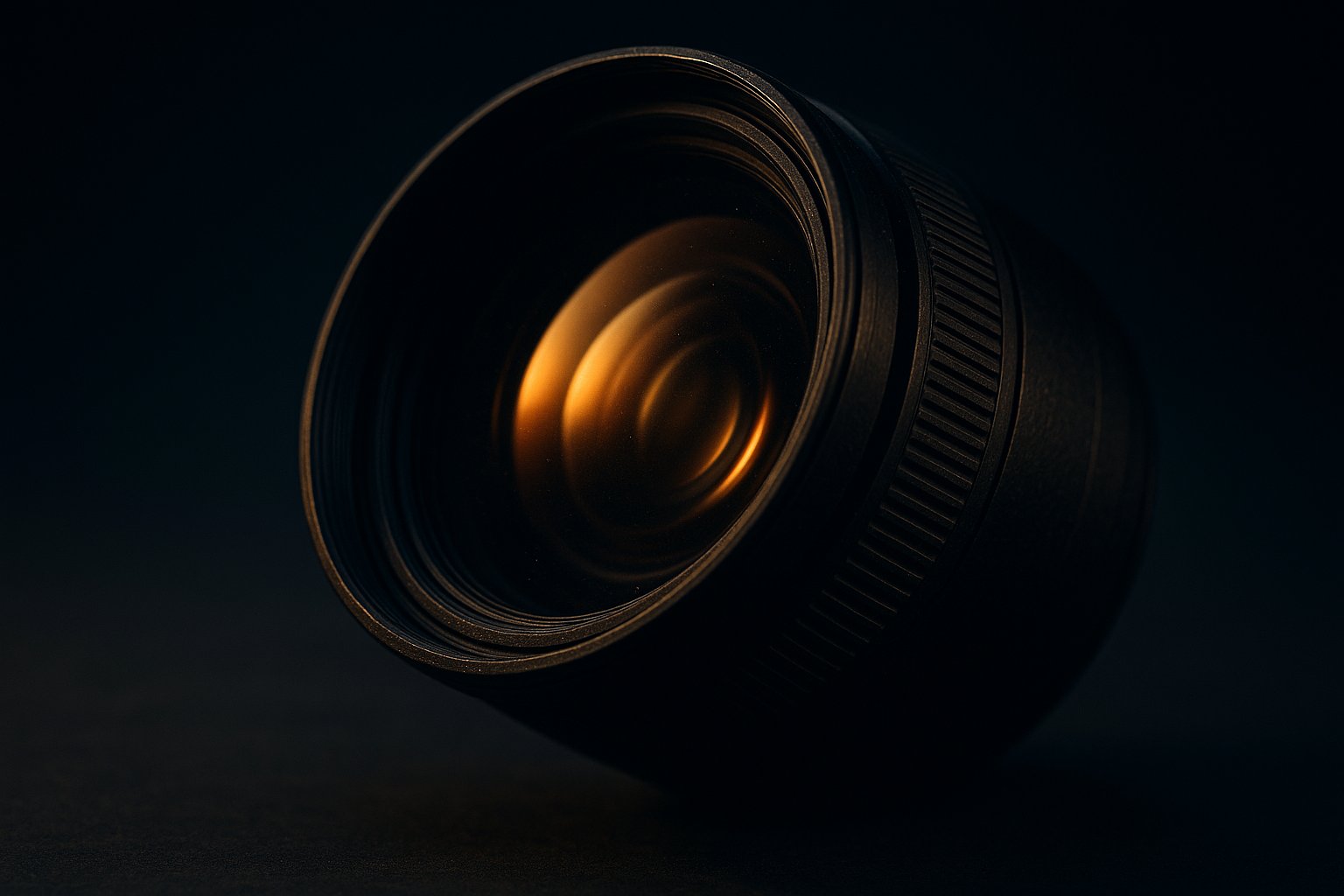 A camera lens in warm light against deep navy shadow - an eye about to open