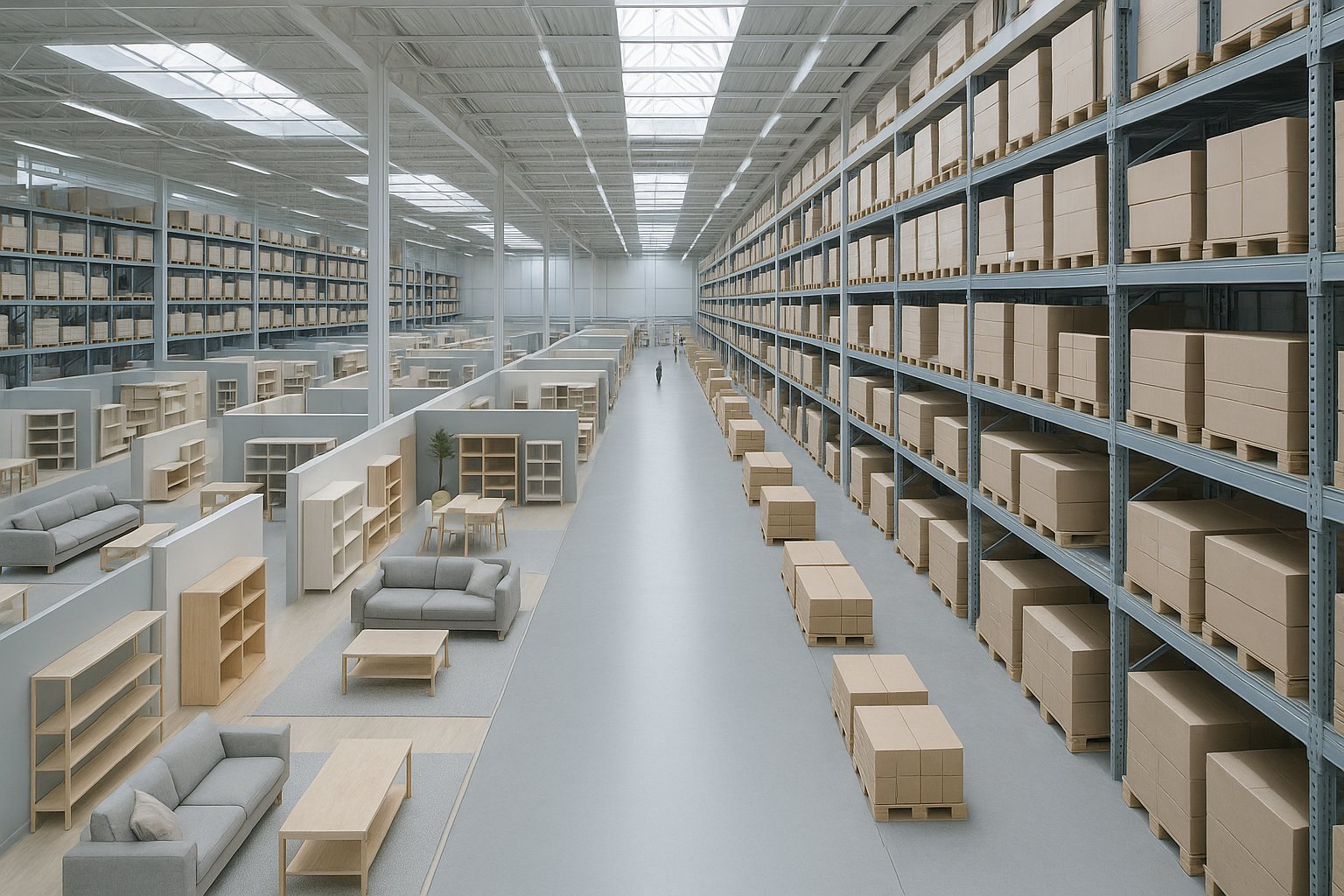 A bright aerial view of a vast furniture showroom and warehouse in clean geometric rows under skylights