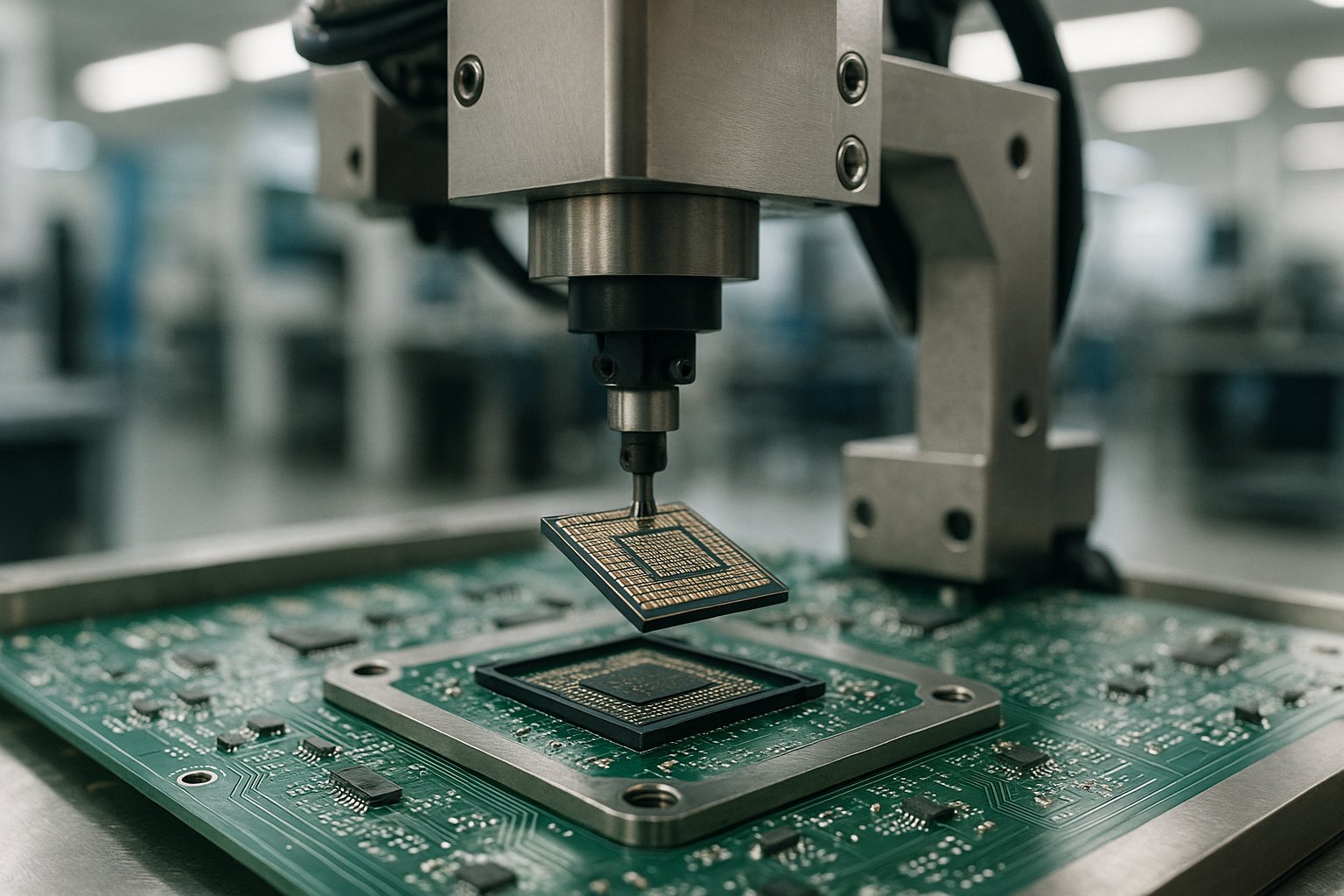 A bright aerial view of a precision docking bay - one complete pre-assembled module being snapped into a matching empty bay in a larger machine in one clean motion
