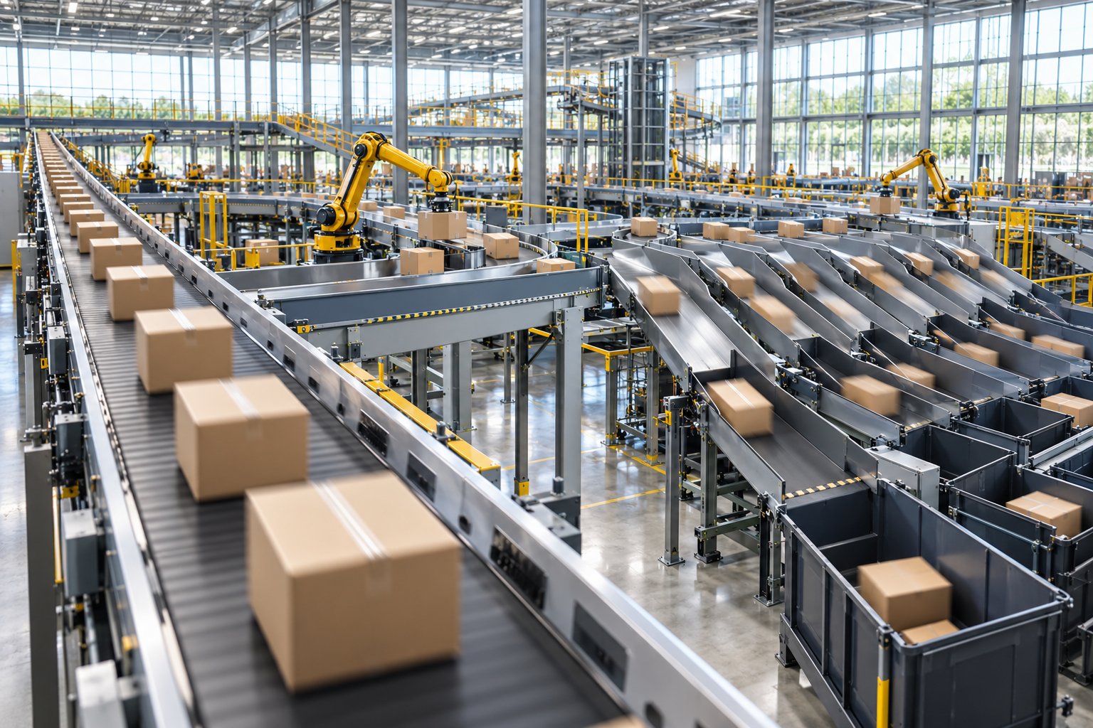 A bright automated sorting facility where items on conveyor belts are routed into many bins