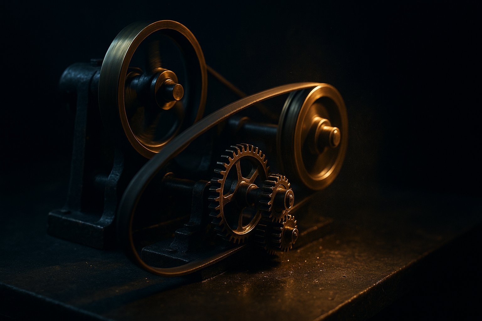 A close-up of an old mechanical automation - a continuous loop of belt running over polished brass gears and pulleys, caught mid-motion with no operator present, lit warmly against deep navy shadow - a machine turning itself