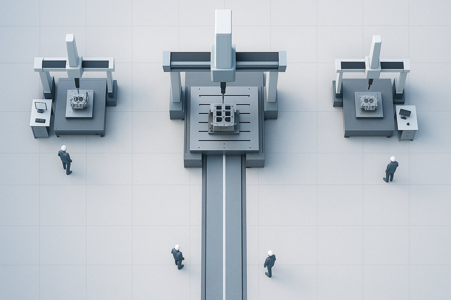 A bright aerial view of a precision calibration yard - two specialist stations each finishing an identical reference component, and a single combined machine being aligned to match both at once