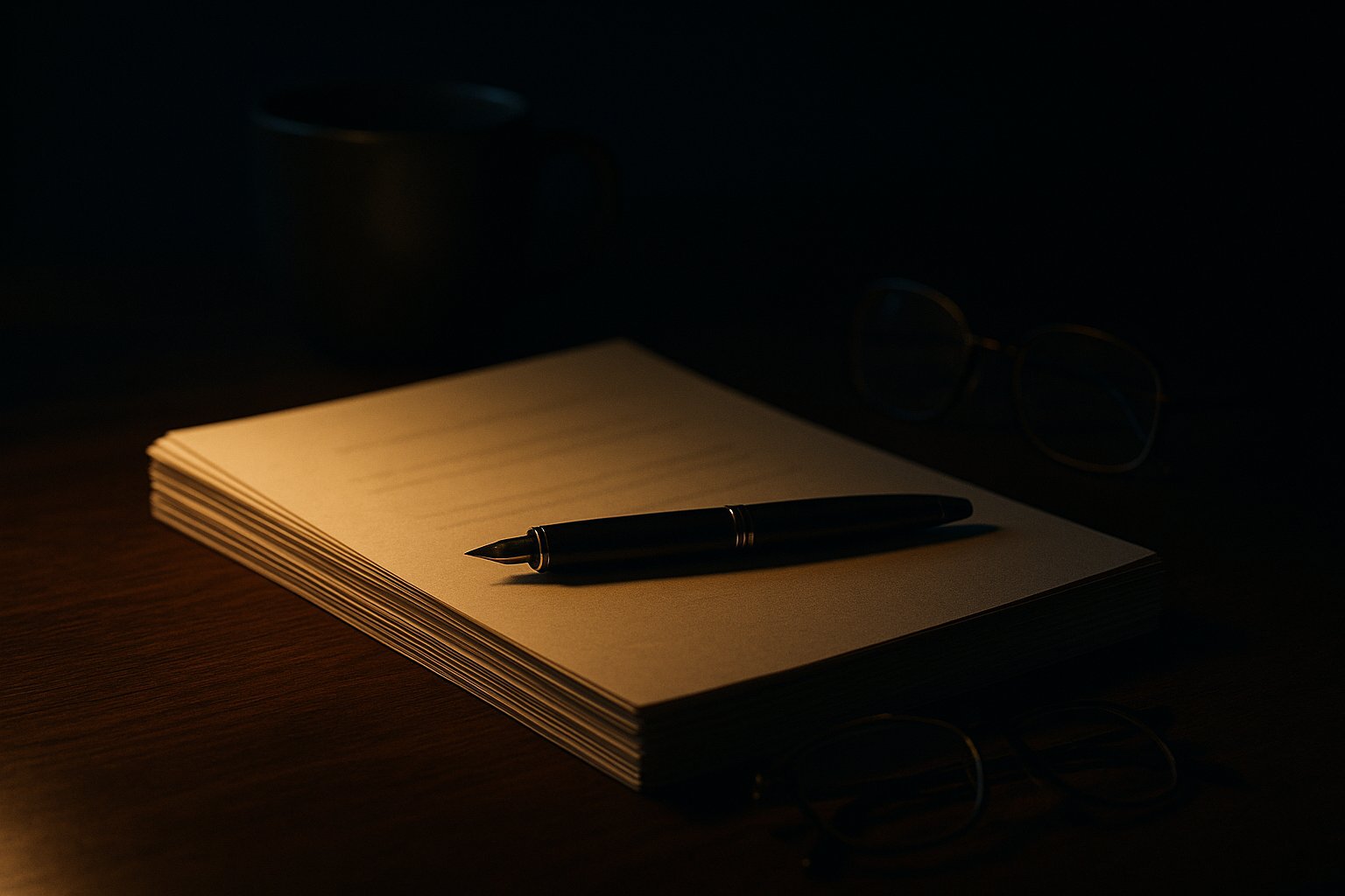 A fountain pen resting on a thick stack of blank pages beside reading glasses under a single warm lamp - the deliberate pause before signing an NDA