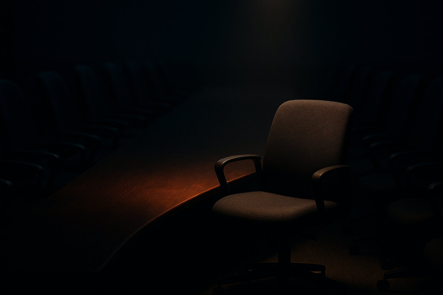 A long dark conference table lined with identical empty chairs receding into shadow, with a single chair pulled into a warm pool of light - the small fraction that carries the work, and the question of where you want to sit
