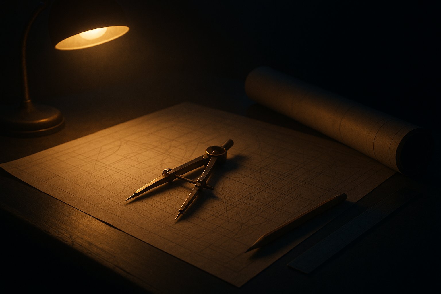 An architect's drafting table lit by a warm lamp - an unrolled blueprint, a brass compass, pencil and ruler against deep navy shadow, the planning move made before anything is built