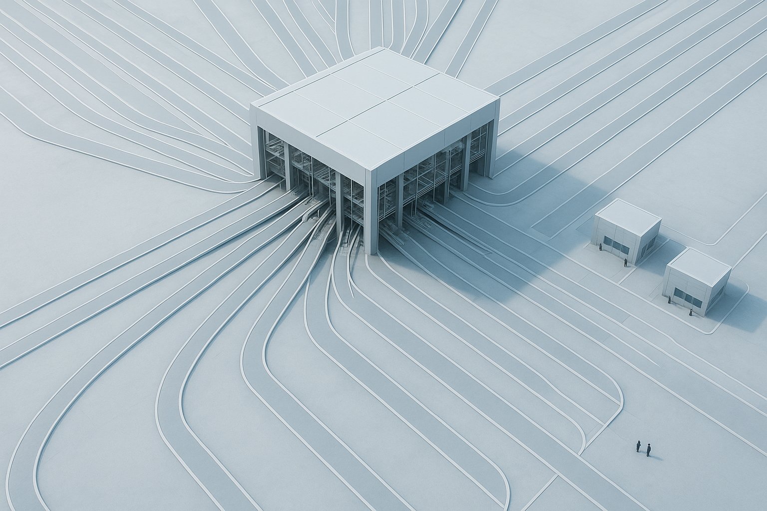 A bright aerial view of a service hub - many incoming lanes merging into an orderly automated sorting hall, with a few staffed stations off to one side for the exceptions