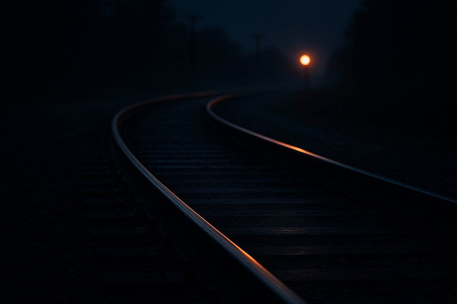 Steel railway tracks curving out of the dark toward a single warm signal light on the horizon - the path from roadmap to running