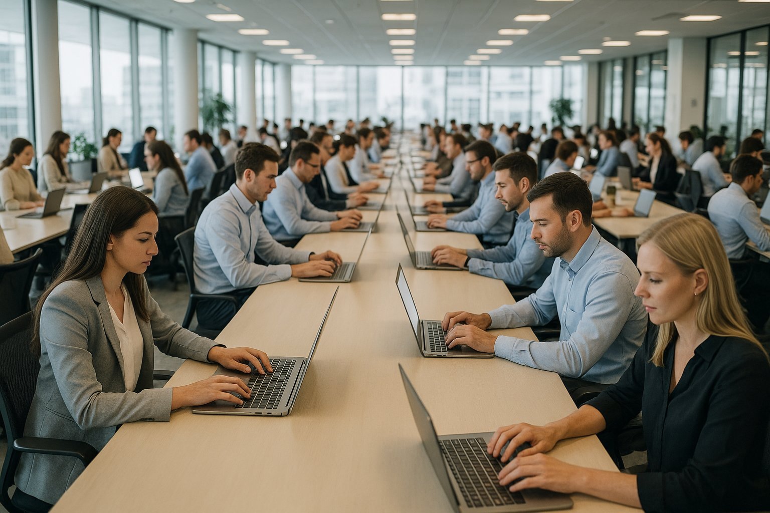 A large, bright modern open-plan office full of people working at laptops