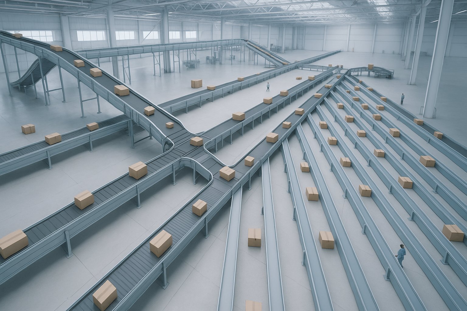 A bright aerial view of a parcel-sortation facility - conveyor belts splitting one stream into separate sorted lanes