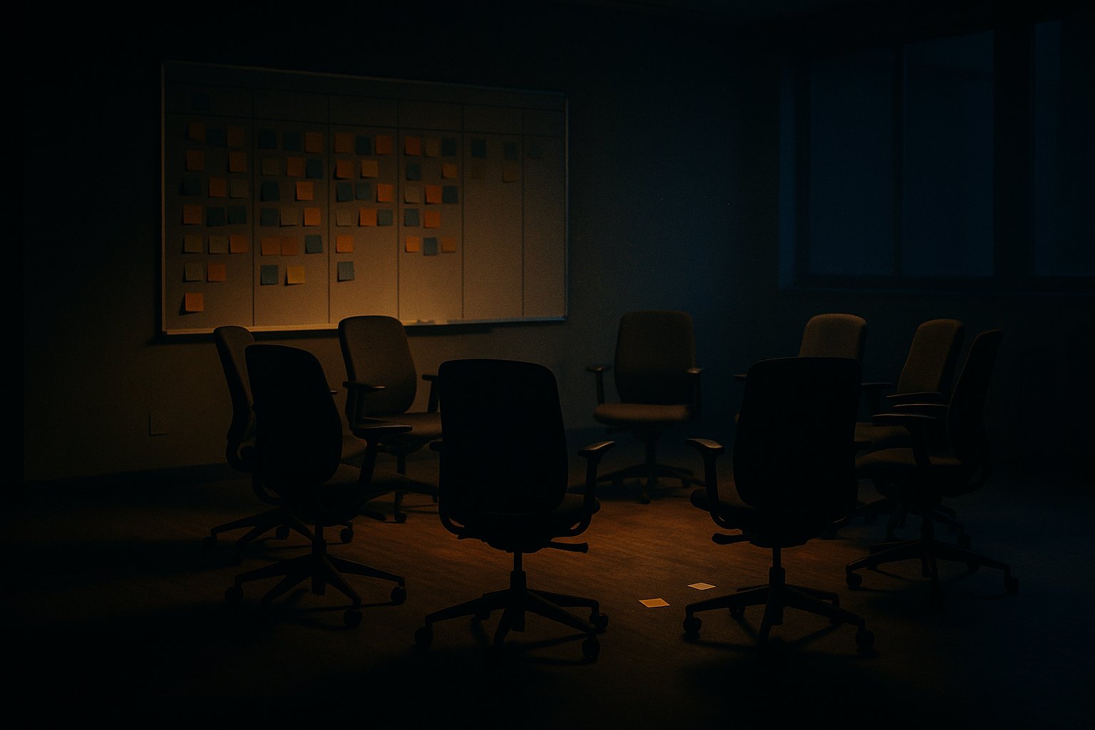 An empty office meeting room at dusk, a ring of vacant chairs and a scrum board of colored sticky notes with several fallen to the floor - the ritual quietly emptying out