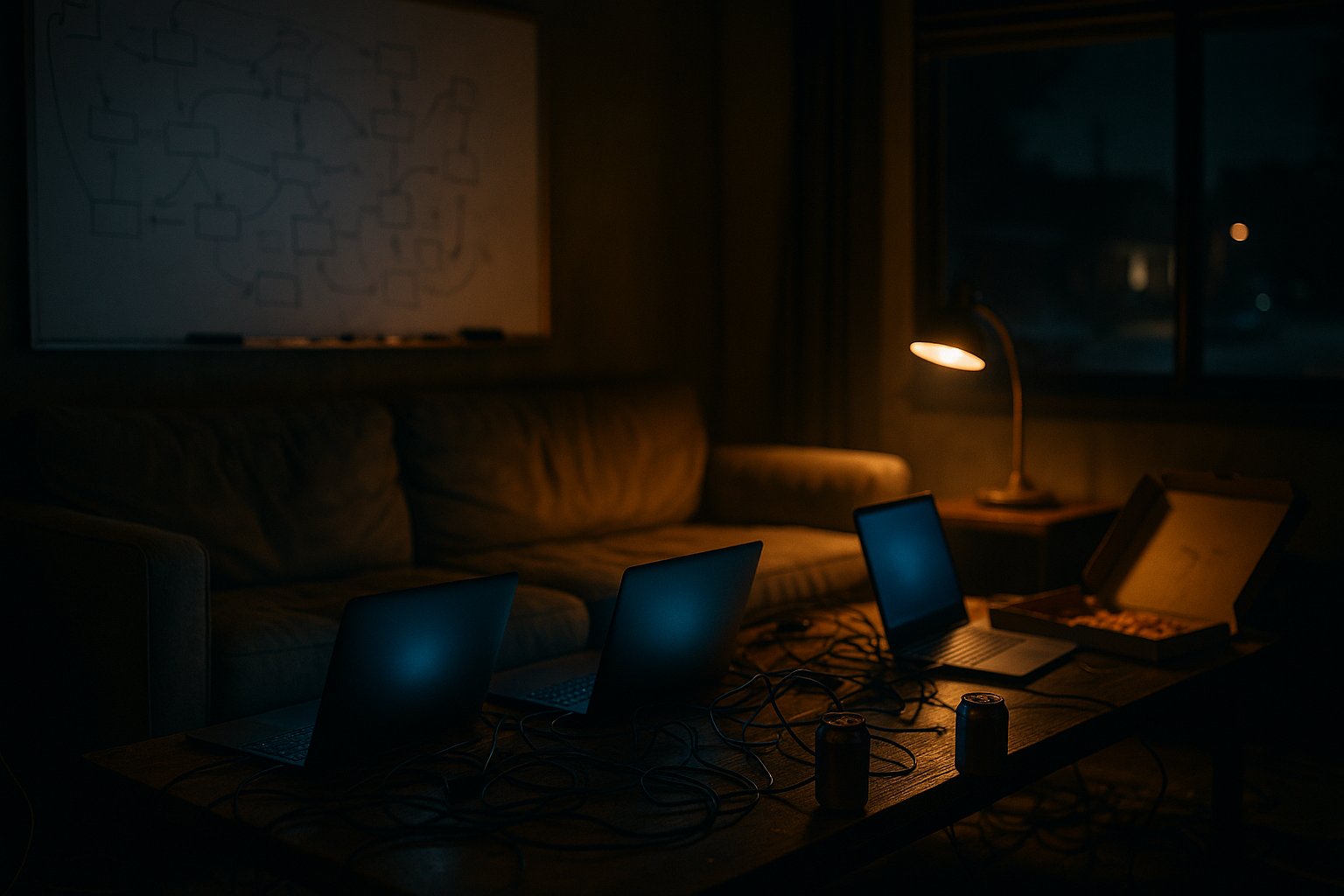 A late-night startup hacker-house workspace - laptops glowing on a coffee table, a whiteboard covered in sketches, warm lamp light - evoking HBO's Silicon Valley