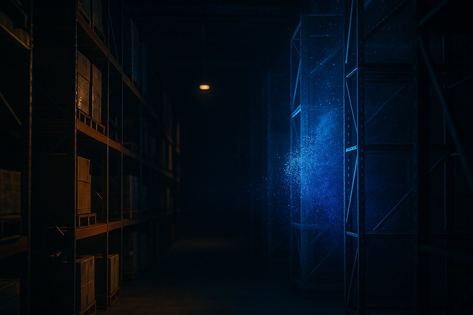 A dark warehouse aisle where the far corner dissolves into a dense cloud of translucent electric-blue points - a 3D reconstruction of a physical space held in an agent's memory and re-rendered from an angle no camera occupied