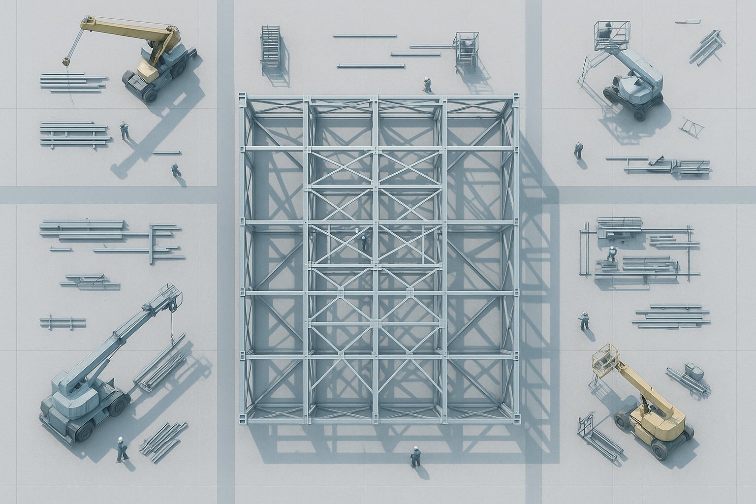 A bright aerial view of a large construction site - cranes and coordinated trades building a single structure floor by floor