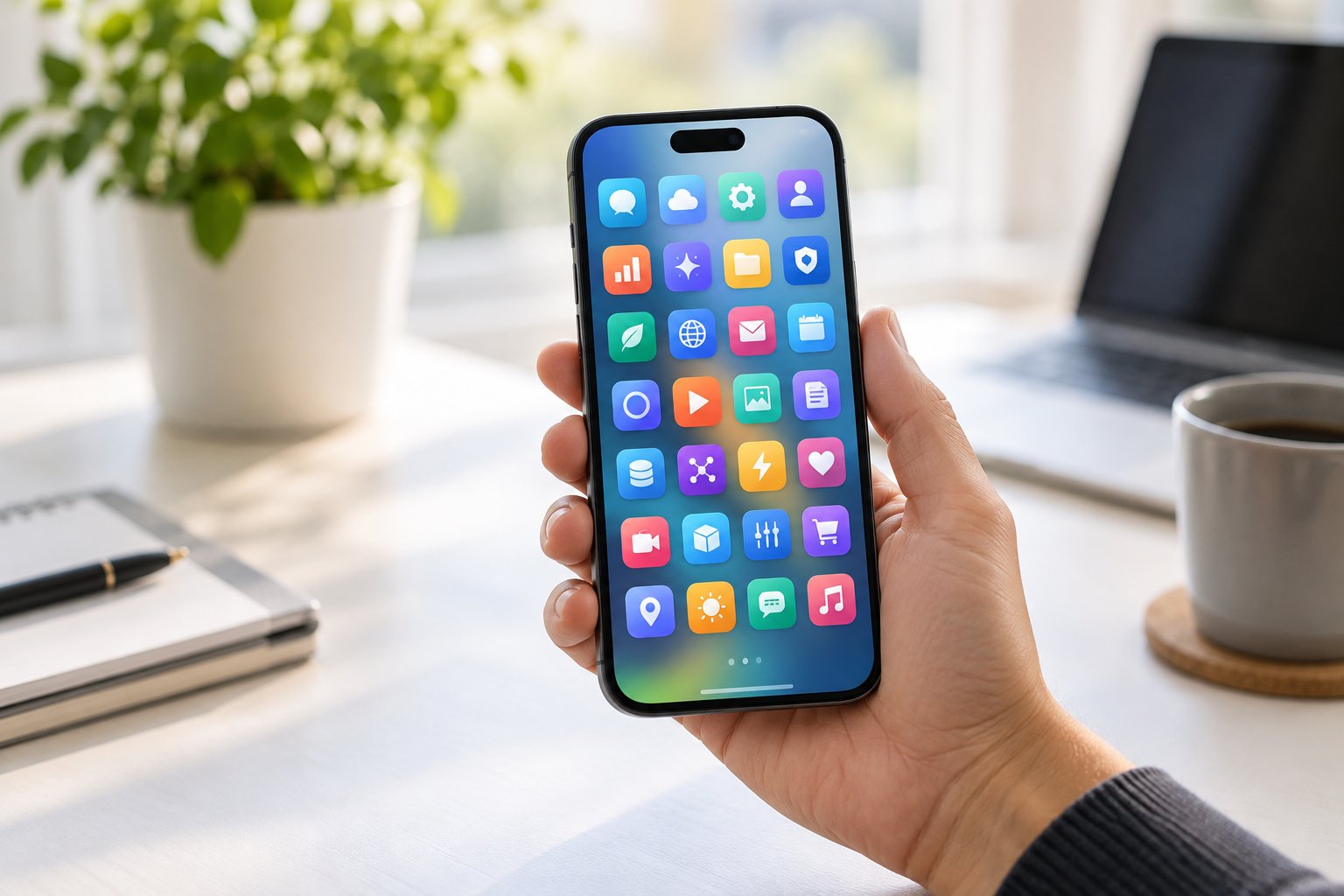 A hand holding a smartphone that shows a grid of colorful app tiles, on a bright minimal desk