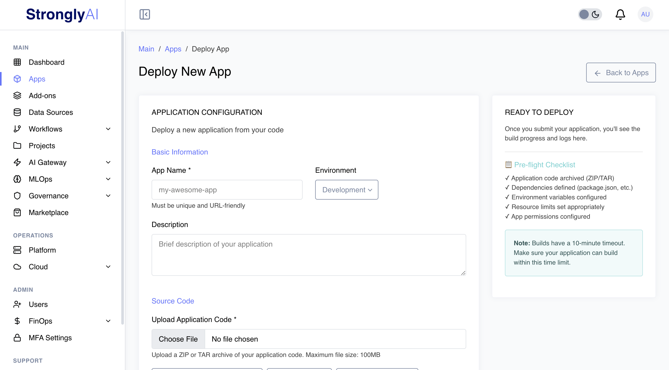 Deploy New App Interface