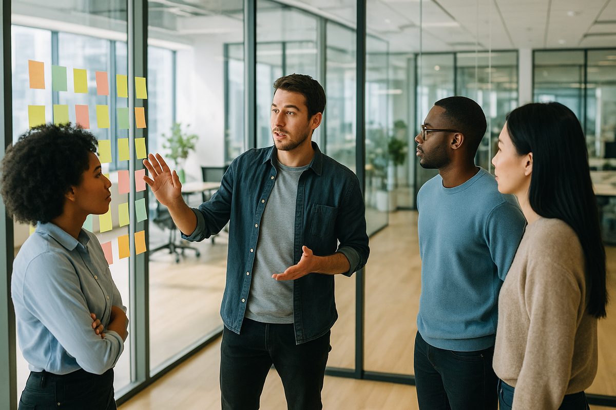 A small delivery team at a stand-up in front of a glass wall of sticky notes in a bright modern office
