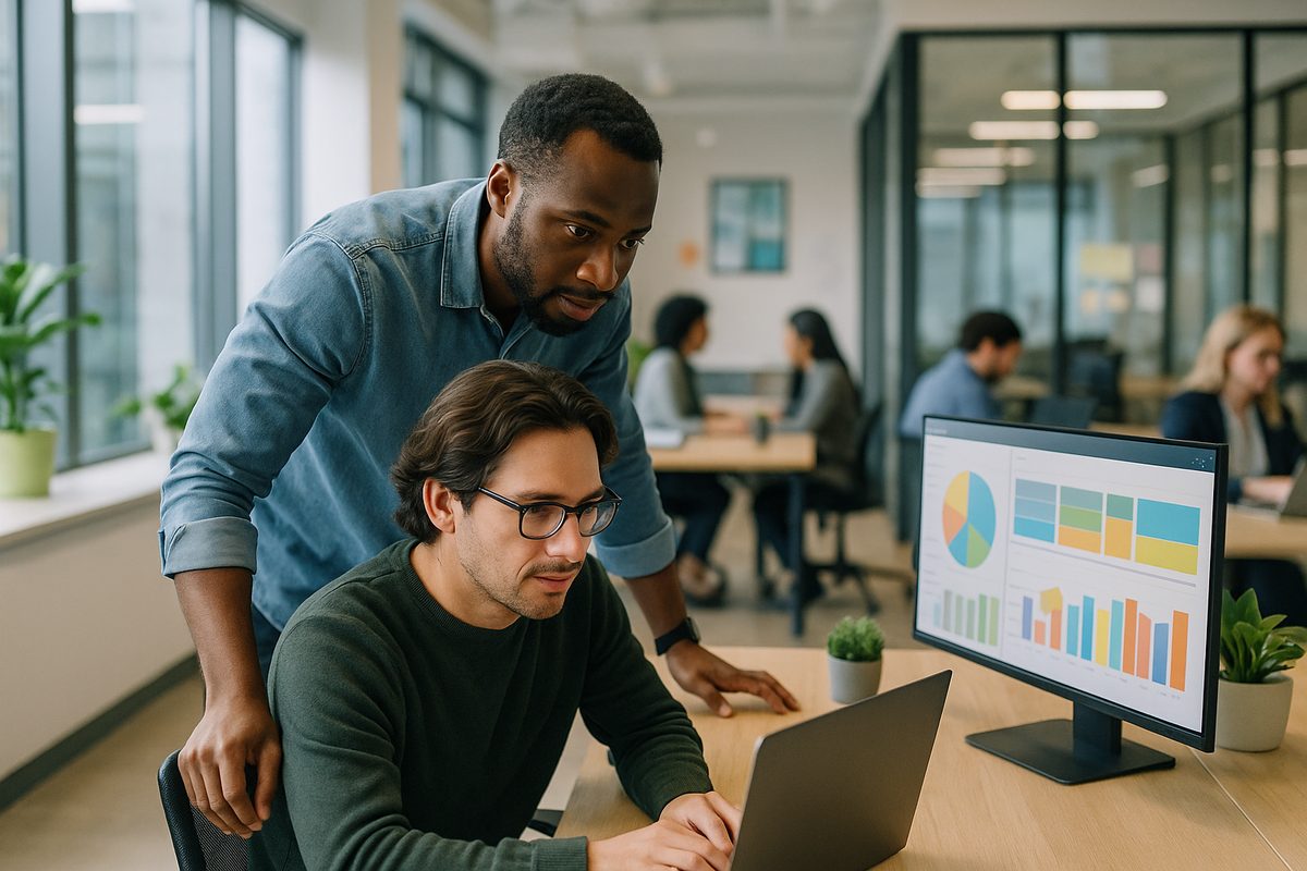 A data scientist helping a colleague at their desk, both looking at a dashboard in a bright modern office