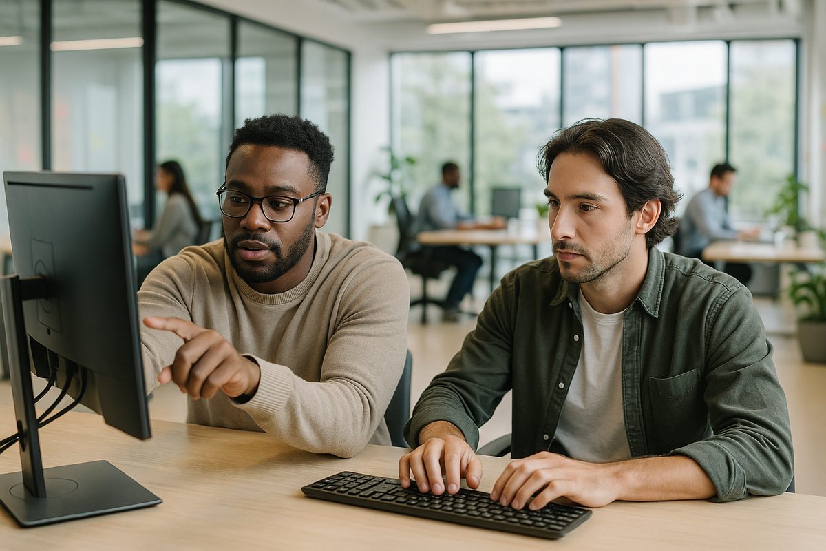 Two colleagues working through a problem together at a shared screen in a bright, open-plan office
